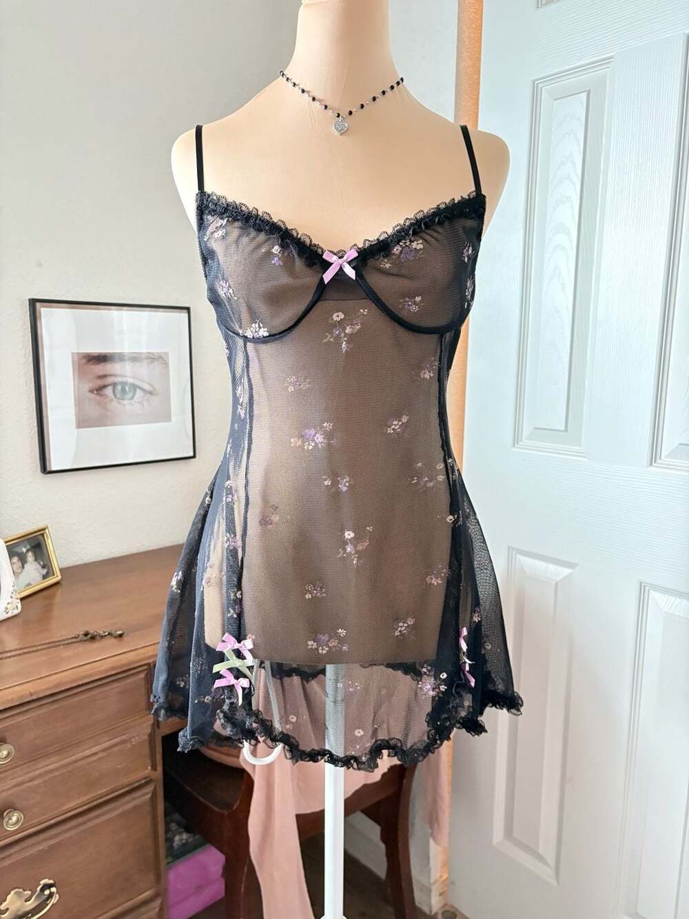 Vintage 90s Mesh Floral Slip Dress Black Pink Bows Ruffle Coquette Babydoll